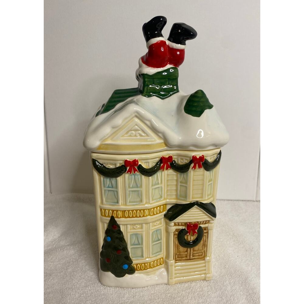 Vintage Cookie Jar 1990 Homco Victorian House w/ Santa Stuck in Chimney